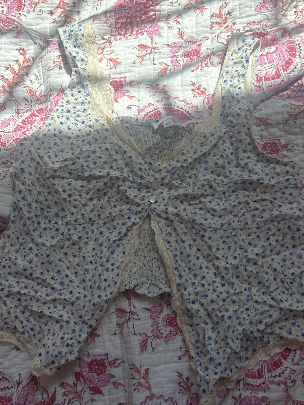 Light Cream Floral Lace-Trim Tank Top